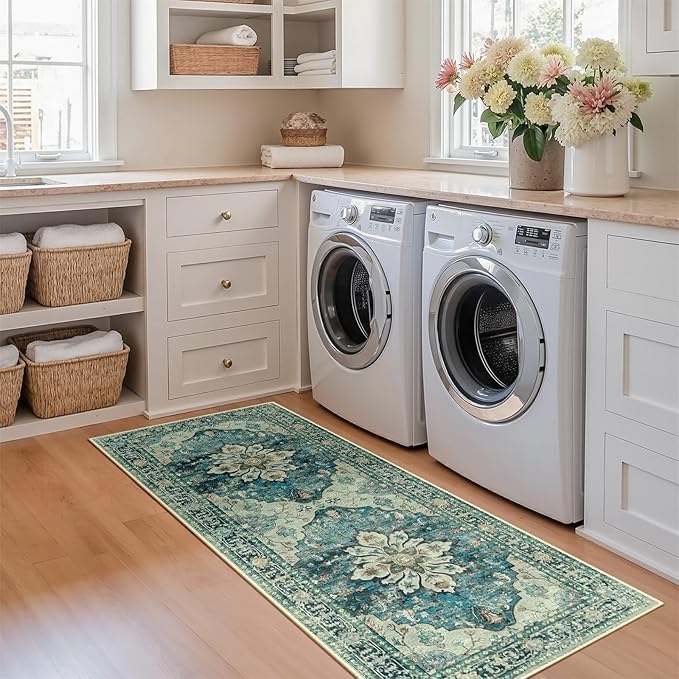 RELEANY Area Rugs 2'x5' Washable Non-Slip, Floral Vintage Distress Print Pattern Medallion Carpet for Living Room Bedroom Dining Room, Dark Blue Vintage