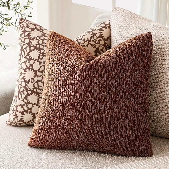 Foindtower Decorative Textured Boucle Throw Pillow Covers Accent Solid Pillow Cases Neutral Soft Cozy Couch Cushion Case for Chair Sofa Bedroom Living Room Home Decor 22x22 Inch,1PC,Red Taupe