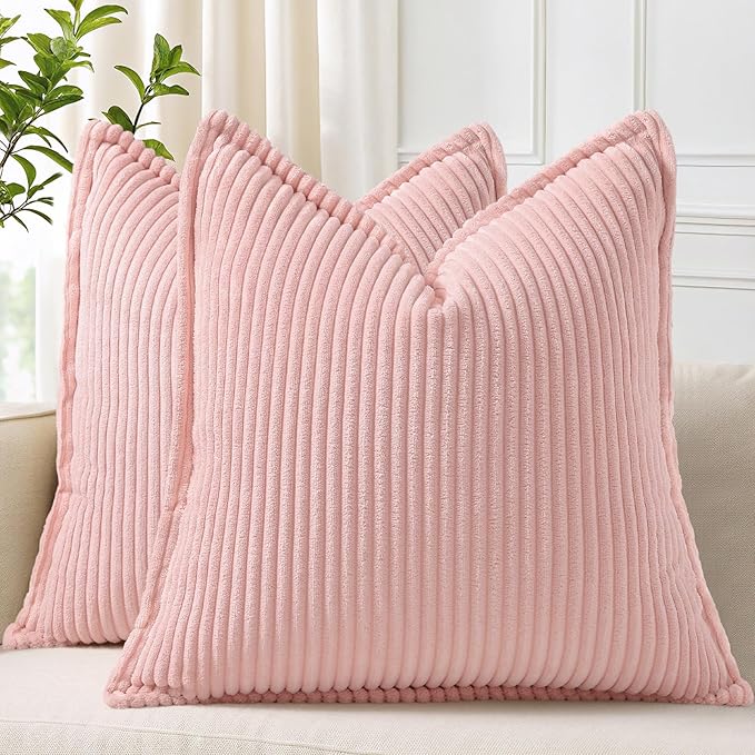 decorUhome Spring Valentines Corduroy Pink Euro Sham Throw Pillow Covers 24x24 Set of 2 Decorative Soft Boho Farmhouse Couch Pillow Covers for Living Room Bed Sofa Broadside Striped Pillow Cases