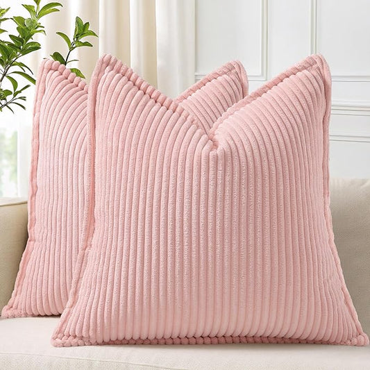 decorUhome Spring Valentines Corduroy Pink Throw Pillow Covers 16x16 Set of 2 Decorative Soft Boho Farmhouse Couch Pillow Covers for Living Room Bed Sofa Broadside Striped Pillow Cases