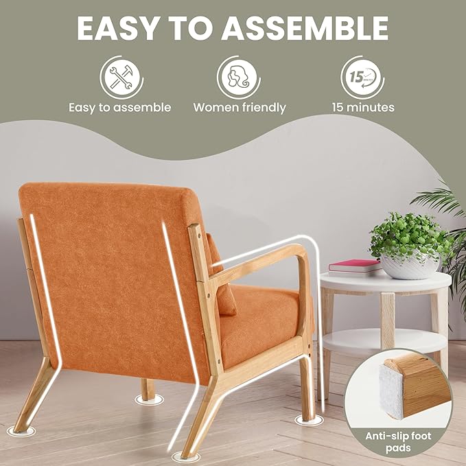 Aunekiv Accent Chair with Pillow Upholstered Mid-Century Chair Living Room Chair for Small Space Solid Wood Frame Reading Chair with Soft and Thick Cushion Armchair for Bedroom Balcony Orange 1PC