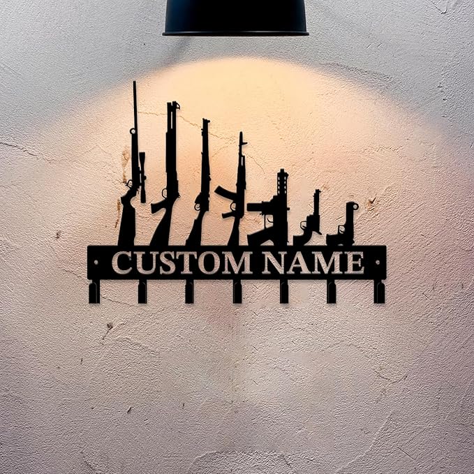 Personalized Custom Name Gun Wall Hooks,Metal Gun Room Art Clothes Hooks,Metal Gun Wall Home Storage Decorative,For Front Door, Hallway, Kitchen, Bedroom,Keys,Hats (Style G)