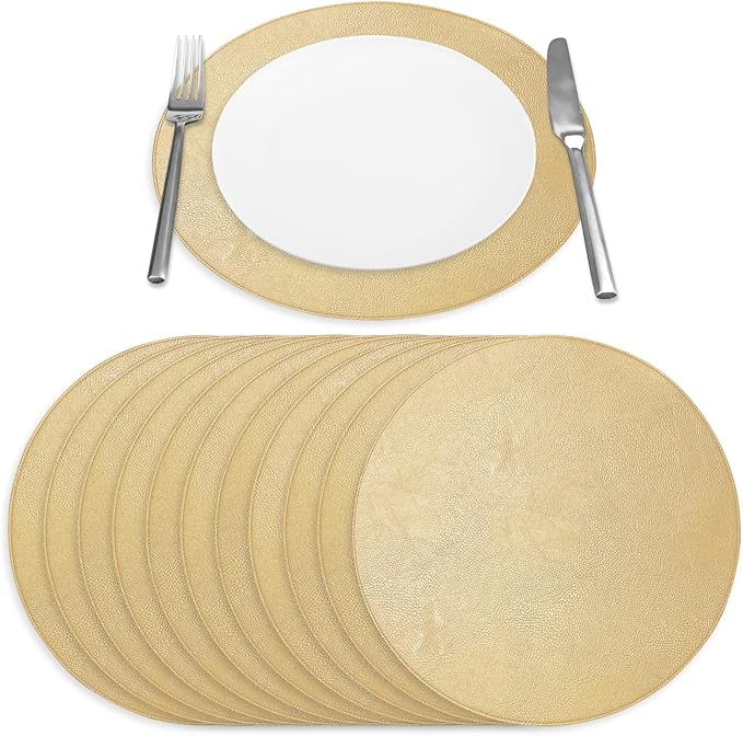 Morgan Faux Leather Round Set of 12 Placemats, 15",Gold, Heat Resistant, Stain Resistant, Non-Slip, Reversible, Durable Table Mats for Kitchen, Dining Table, Indoor Washable Use