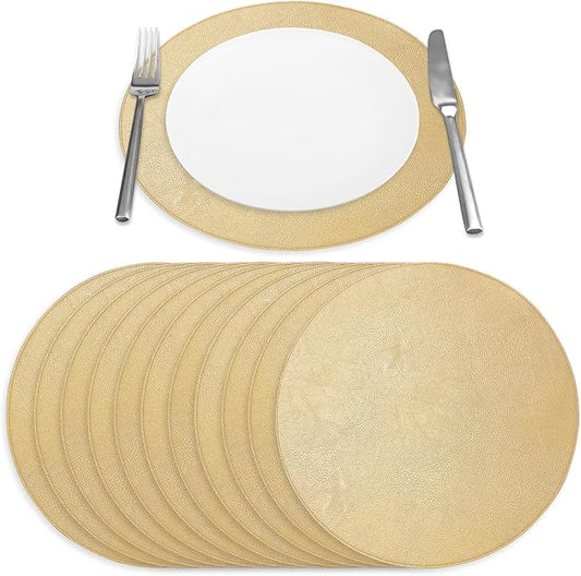 Morgan Faux Leather Round Set of 12 Placemats, 15",Gold, Heat Resistant, Stain Resistant, Non-Slip, Reversible, Durable Table Mats for Kitchen, Dining Table, Indoor Washable Use