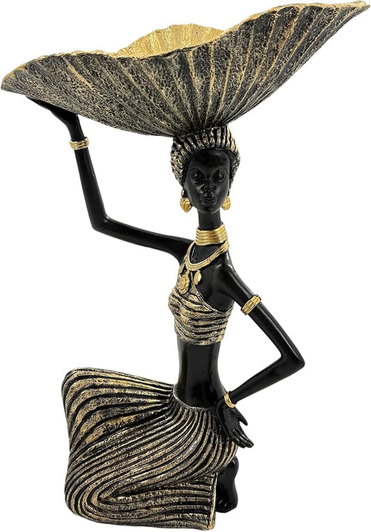 African Woman Carrying Bowl Statue – Resin Figurine, Black and Gold Tribal Sculpture, African Cultural Decor, Jewelry Candy Holder Dish