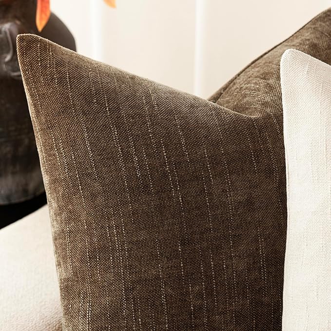 Foindtower Pack of 2 Textured Chenille Throw Decorative Pillow Covers Square Accent Solid Cushion Cover Neutral Farmhouse Lumbar Pillow Case for Couch Sofa Bedroom Living Room 12x24 Inch,Taupe Brown