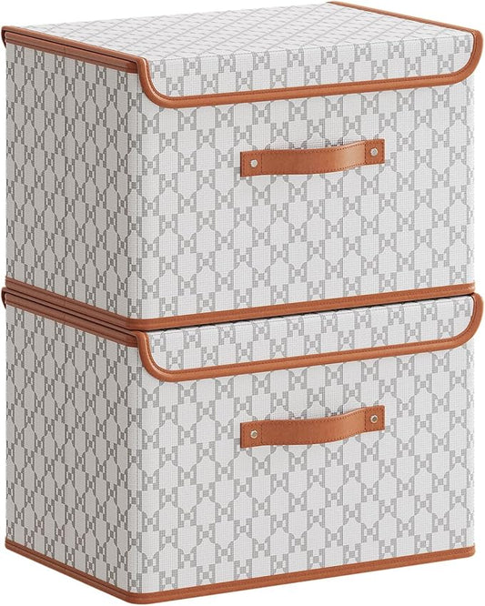 Tuza 2 Pack Fabric Storage Bins with Lids, Collapsible Closet Organizer Container, Decorative Storage Boxes with Lids for Organizing Clothes, Blanket, Grey & White, Medium