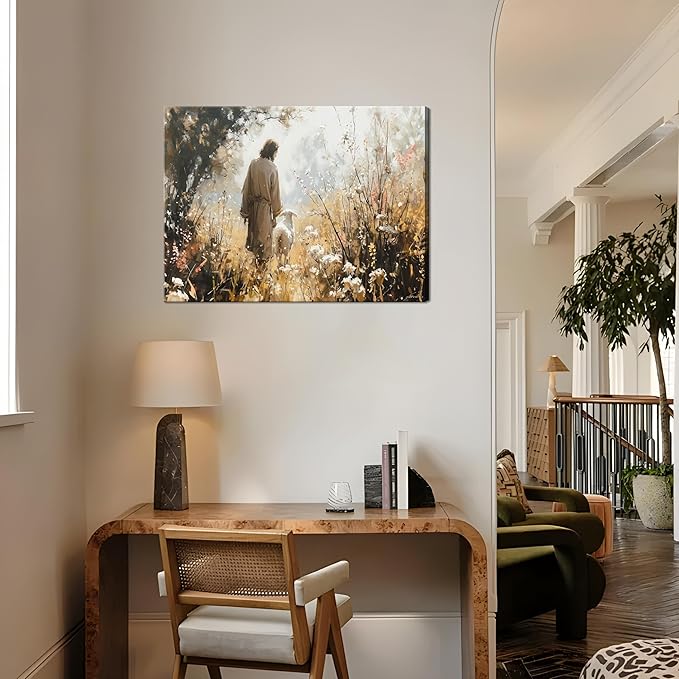 Jesus Leaves The 99 Sheep Canvas Wall Art, Christian Jesus Lamb Wall Decor Paintings, Lost Sheep Religious Bible Posters Prints Pictures for Church Living Room Bedroom 16x24 Inch Framed