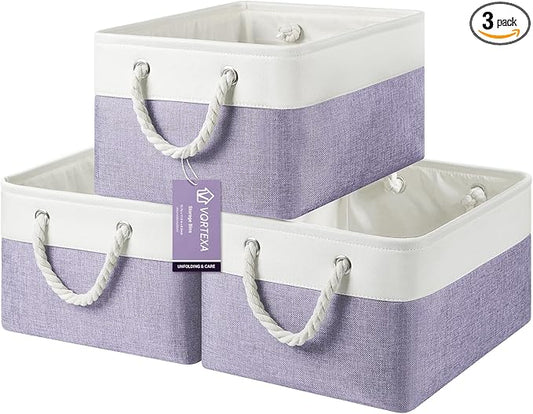 Large Storage Baskets- 15.7x11.8x8.26 inch Storage Bins for Shelves and Closet Organizing, Foldable Fabric Bin for Home Organization Clothes and Laundry (3-Pack, White&Purple)