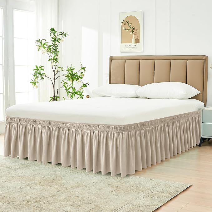 Biscaynebay Wrap Around Bed Skirts for Full & Full XL Beds 15 Inch Drop, Light Camel Elastic Dust Ruffles with Adjustable Belts Silky Luxrious Fabric Machine Washable