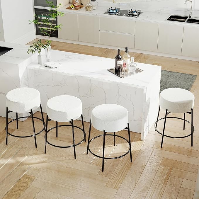 SoarFlash Modern Rotatable Bar Stools Set of 2, 24" Sherpa Swivel Counter Height Stools with Round Soft Padded Boucle Backless Seat, Black