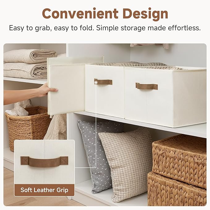 StorageWorks Storage Baskets for Shelves, Foldable Fabric Closet Storage Bins with PU Handles, Fabric Storage Bins Clothes Organizer, Ivory White, 3-Pack, Extra Large