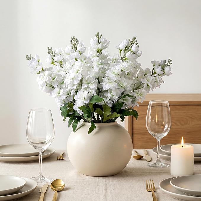Fake Flowers 23.6” Delphinium Artificial Flowers 8Pcs Silk Flowers with Stems Long Stem Artificial Flowers for Tall Vase Faux Flowers for Indoor Home Decoration Wedding Decoration Centerpiece White