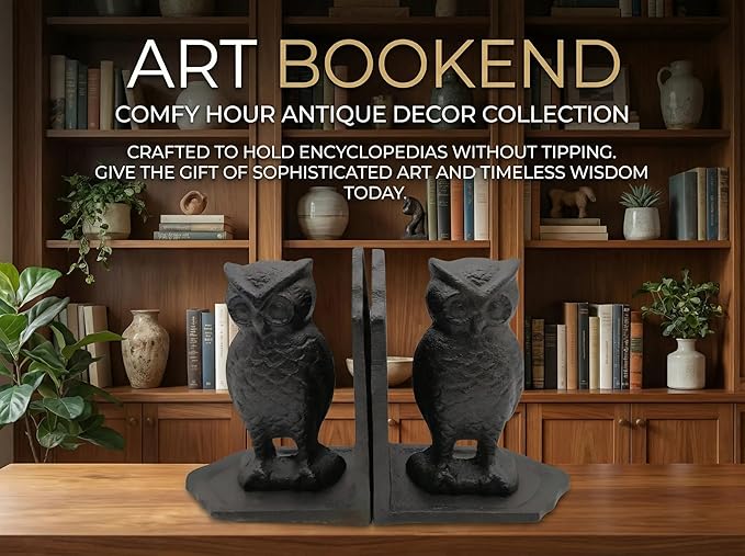 Comfy Hour Owl Decorative Bookends, Unique Vintage Animal Book Ends for Shelves, 9.65" Tall, Heavy Duty Resin Book Stopper for Books, Farmhouse Home Office Bookshelf Decor, 1 Pair, Bronze & Blac