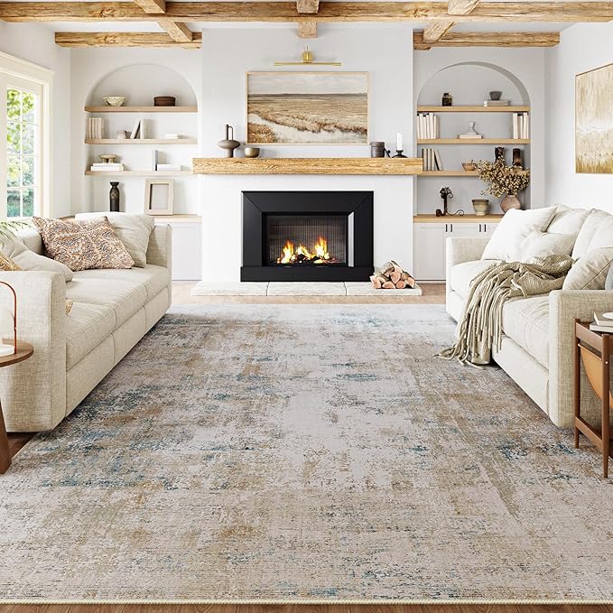 WondRg 6x9 Washable Area Rug Beige Blue Abstract Living Room Bedroom Throw Rug Neutral Modern Non Slip Soft Low Pile Indoor Carpet for Dining Room Kitchen Office