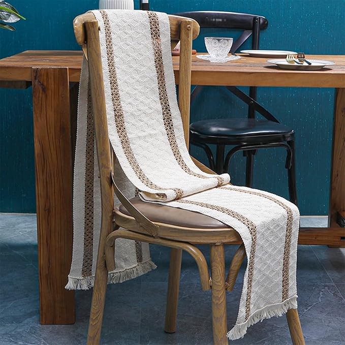 Niviy Boho Table Runner for Home Decor 144 Inches Long Farmhouse Macrame Table Runner Cotton Linen Woven Table Runners for Summer Dining Table Decoration, Beige & Brown