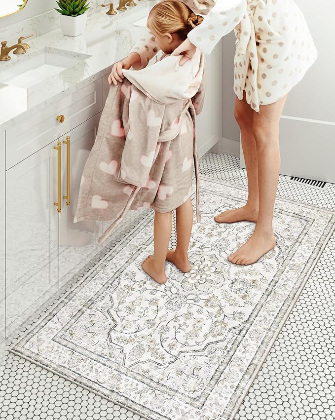 Lahome Oriental Washable Rugs 3x5, Rug for Entryway Indoor Non-Slip, Ultra-Thin Soft Boho Area Rug for Bedroom, Traditional Vintage Low-Pile Entry Throw Rugs Mats for Bathroom Kitchen,(3x5ft, Beige)