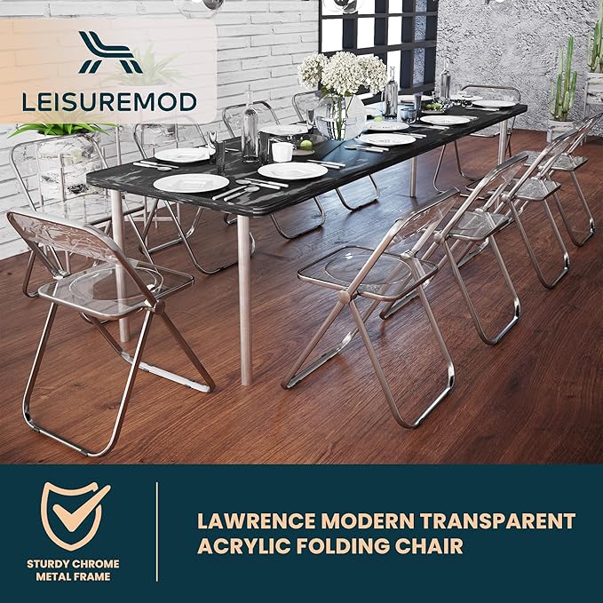 LeisureMod Lawrence Modern Clear Acrylic Folding Chair with Metal Frame, Space-Saving Transparent Seating for Dining Room, Home Office, Bedroom, Vanity or Small Spaces, (Jade Green, Singles)