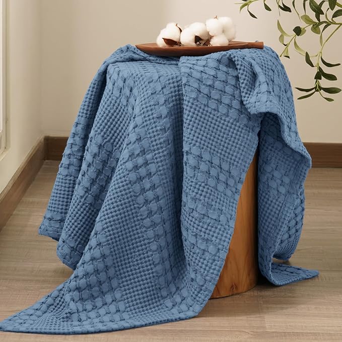 PHF 100% Cotton Waffle Weave Throw Blanket, Soft Lightweight Breathable Cozy Throws for Couch Bed Sofa, 300 GSM Luxury Aesthetic Blanket Gift for Home Decor & Office, 50"x60", Denim Blue