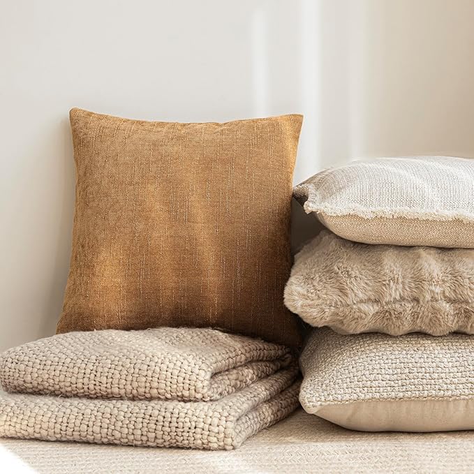 Foindtower Set of 2 Textured Chenille Throw Decorative Pillow Covers Square Accent Solid Cushion Cover Neutral Farmhouse Lumbar Pillow Case for Couch Sofa Bedroom Living Room 12x24 Inch,Golden Brown