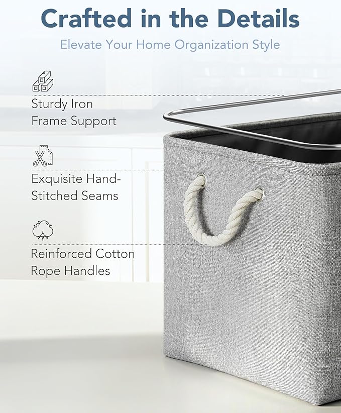 13x15x13 Storage Cube Bins, Heavy Duty Foldable Fabric Storage Bins with Handles and Metal Frame, 6 Pack Large Closet Organizer Bins for Clothes, Socks, Towels, Grey