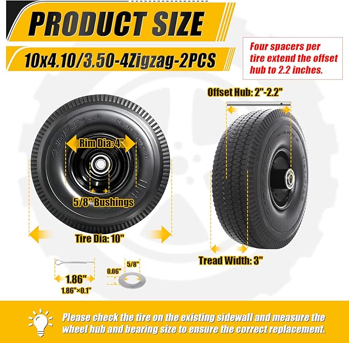 MZREXN 10 Inch Solid Tires 4.10/3.50-4 Flat Free Tire and Wheel Replacement, with 5/8" Axle Bore Hole, 2"-2.2" Offset Hub, for Hand Truck Garden Cart Trolleys Yard Trailers Utility Cart, Black, 2PCS
