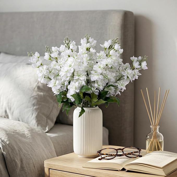Fake Flowers 23.6” Delphinium Artificial Flowers 8Pcs Silk Flowers with Stems Long Stem Artificial Flowers for Tall Vase Faux Flowers for Indoor Home Decoration Wedding Decoration Centerpiece White