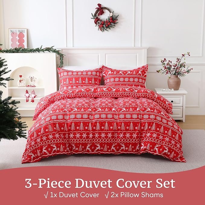 JSD Vintage Christmas Duvet Cover Set King Size, 3 Piece Red Snowflakes Reindeer Snowflakes Printed Microfiber Duvet Comforter Cover with Pillow Sham
