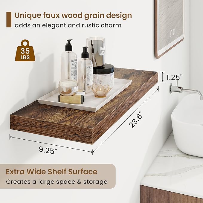 Marsmiles 24in Floating Shelves for Wall, 24" W x 9.25" D x 1.25" H, 2 Pack Long Wall Mounted Engineered Wood Shelves with Invisible Brackets for Living Room, Bedroom, Bathroom, Kitchen, Rustic Brown
