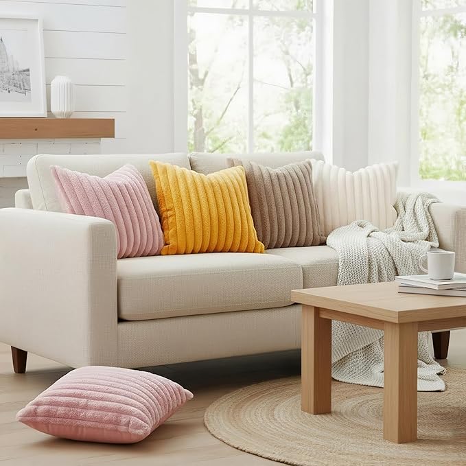 decorUhome Faux Fur Spring Throw Pillow Covers 20x20 Set of 2, Decorative Soft Plush Striped Neutral Couch Pillow Covers with Velvet Back for Sofa, Bed, Living Room Home, Cream White