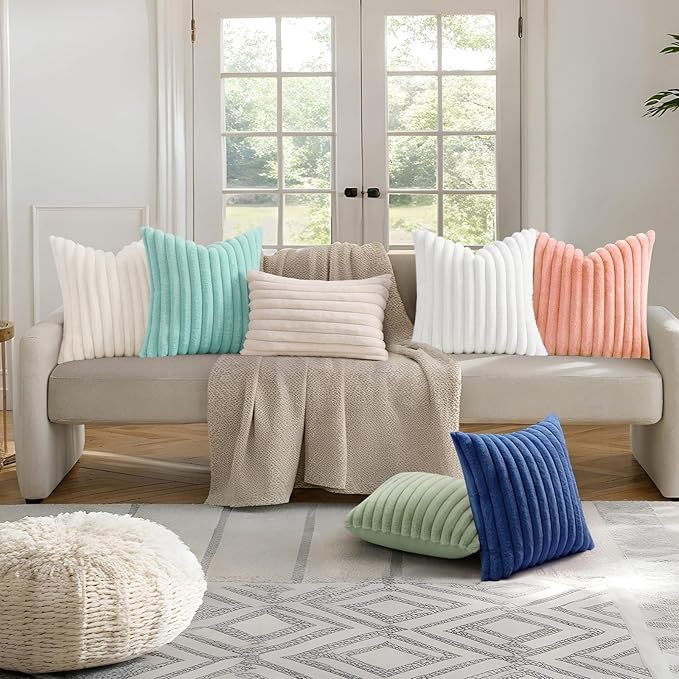 decorUhome Faux Fur Spring Throw Pillow Covers 12x20 Set of 2 Decorative Soft Plush Striped Lumbar Neutral Couch Pillow Covers with Velvet Back for Sofa Bed Living Room Home Valentines, Blush Pink