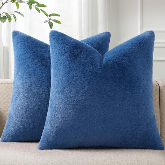 Pallene Faux Fur Plush Throw Pillow Covers 22x22 Set of 2, Soft Fluffy Couch Pillow Covers for Living Room, Navy Blue