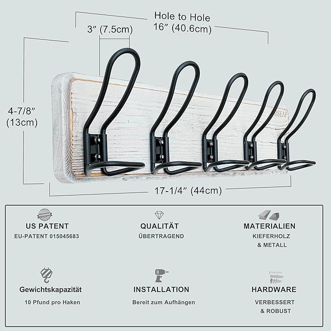 Dseap Coat Rack Wall Mounted - Heavy Duty Farmhouse Rustic Wall Coat Hanger With 5 Wire Hooks for Clothes Hat Jacket Towel, RusticWire, G25A, Whitewash & Black, Pack of 2