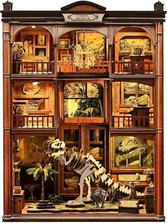 Book Nook Kit, DIY Miniature House Kit Dinosaur Fossil Exhibition Museum with LED Light, 3D Wooden Puzzle Handmade Craft Gift for Adults and Teens - Fossil Museum