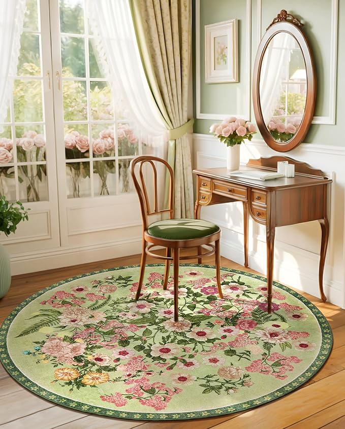 AREAMAY Floral Washable Round Area Rug - 6x6 Round Rugs Living Room Rug Soft Non-Slip Low Pile Large Indoor Accent Circle Carpet for Closet Bedroom Dining Room Home Office Nursery, 6ft Green
