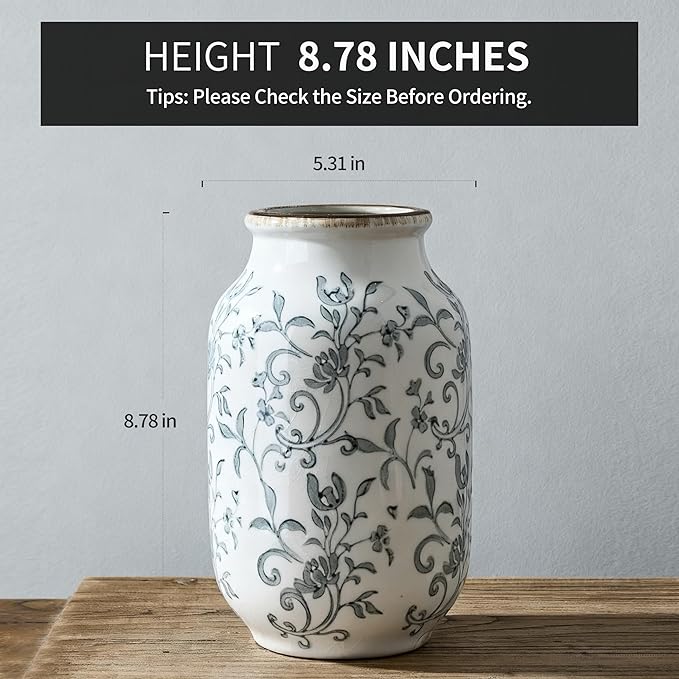 SIDUCAL Ceramic Vintage Vase, 8.78 Inch Chinoiserie Floral Vase, Retro Ice Cracked Rustic Farmhouse Vases for Home Decor, Living Room, Bookshelf, Office, Tuscan Decor, Gray Floral Pattern