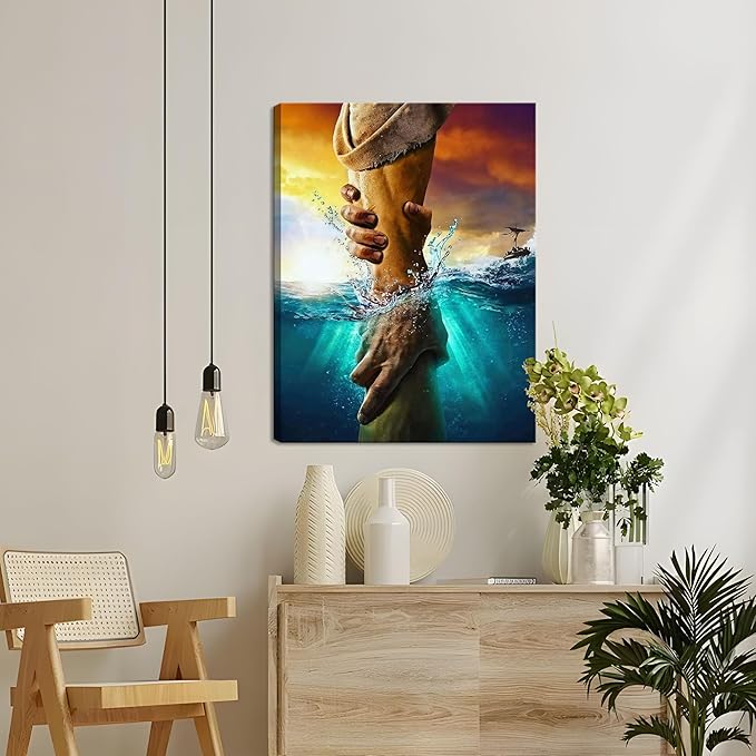 Framed Jesus Christian Canvas Wall Art, The Hand of God Jesus Reaching Into Water Religious Wall Decor Paintings, Blue Ocean Bible Pictures Posters Prints for Church Living Room Bedroom 16x24 Inch