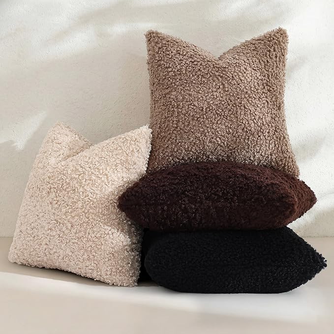 decorUhome Pack of 2 Throw Pillow Covers 24x24 Inch, Faux Fur Decorative Sherpa Pillow Covers Fuzzy Accent Soft Sheepskin Fleece Pillow Cases for Couch Living Room Bed, Black
