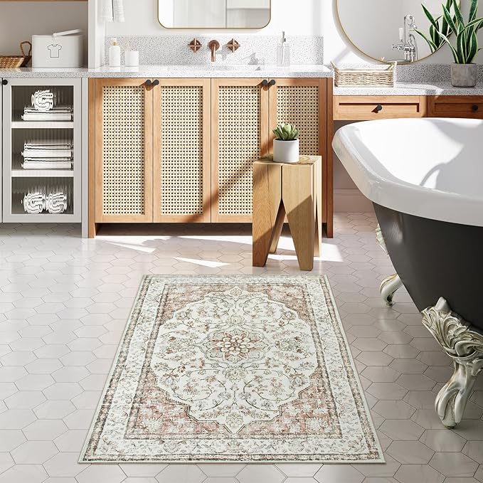 Lahome Oriental Throw Rug,3x5 Kitchen Rugs Non-Slip Washable,Ultra-Thin Boho Entryway Rug Indoor Entrance,Traditional Vintage Bathroom Rugs and Mats Soft for Bedroom Living Room,(3x5ft,Terracotta)