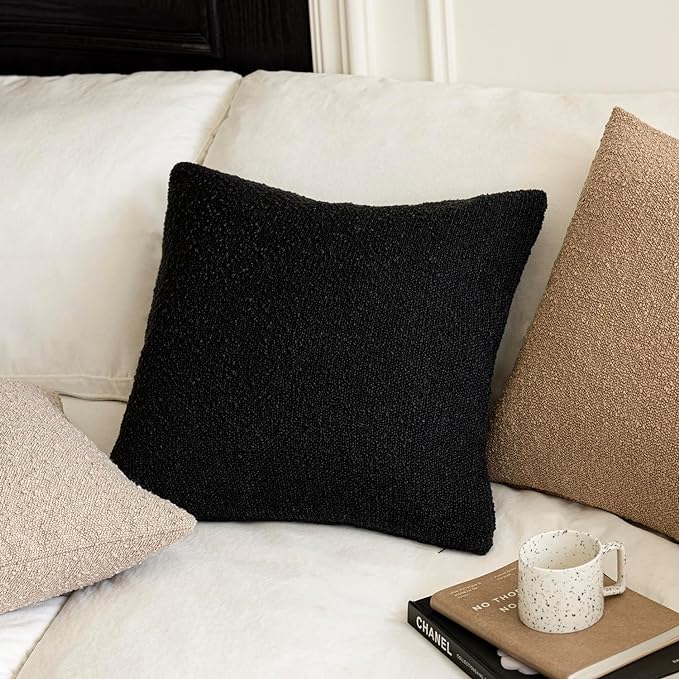 Foindtower Decorative Textured Boucle Throw Pillow Covers Accent Solid Pillow Cases Neutral Soft Cozy Couch Cushion Case for Chair Sofa Bedroom Living Room Home Decor 18 x 18 Inch,Black