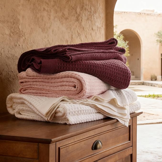 Bedsure Gentlesoft 100% Cotton Blanket Queen Size for Bed - Breathable and Soft for Spring Summer, Thick Cozy Waffle Weave Blanket Gifts for Women, Burgundy, 90x90 Inches