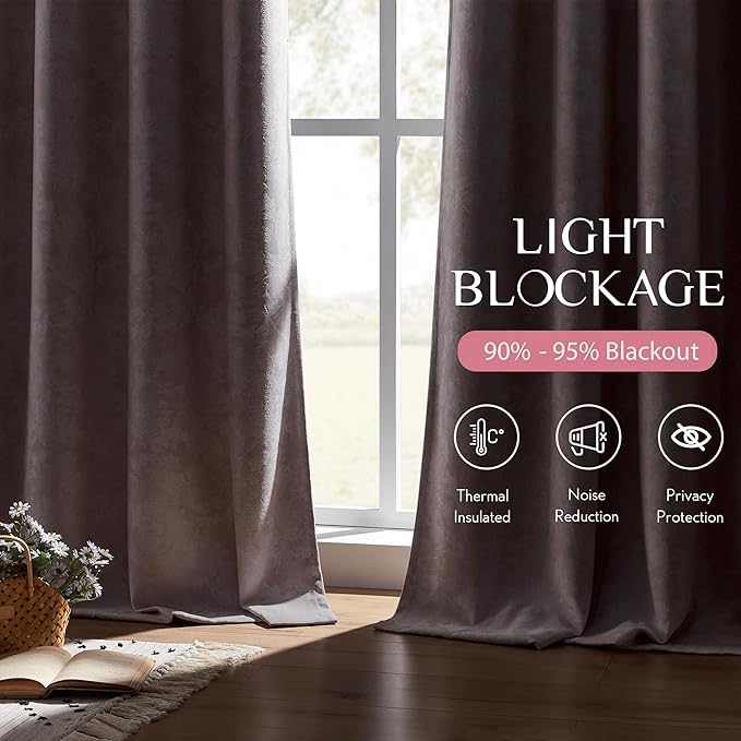 Beauoop Pink Floral Jacquard Blackout Curtains 63 Inches Long 2 Panels for Girls Bedroom Living Room Chenille Flower Room Darkening Thermal Soundproof Rod Pocket Back Tab Window Drapes, 52x63