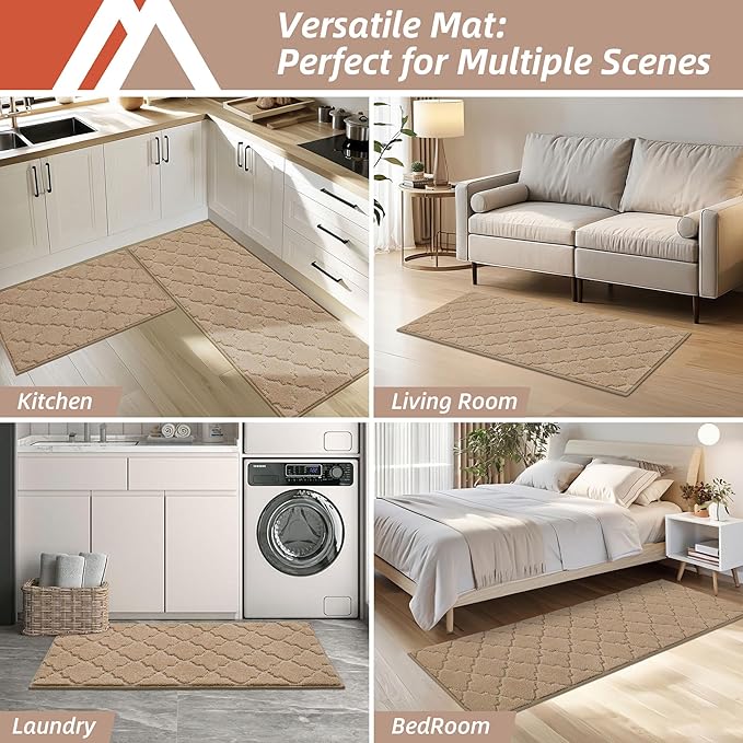 COSY HOMEER Soft Kitchen Rugs [2 PCS] for in Front of Sink Super Absorbent Kitchen Floor Mats and Mats 20x30 Inch/20X48 Non-Skid Kitchen Mat Standing Mat Washable,Polyester,Beige