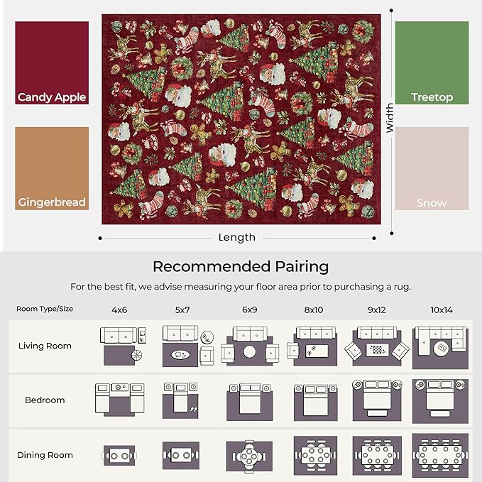 Kokia 2x3 Indoor Christmas Area Rugs for Entryway, Bedroom, Kitchen, Office, Machine Washable Small Door Mat with Santa, Christmas Tree, Bell, Reindeer and Holly, Santa Red