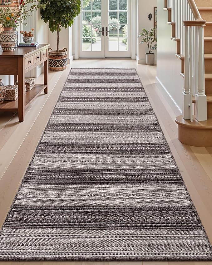 DEXI Hallway Runner Rug 3.3x10, Woven Braided Farmhouse Runner Carpet Indoor, Absorbent Thin Long Entryway Runners for Kitchen, Laundry Room, Patio Entrance, Striped Grey