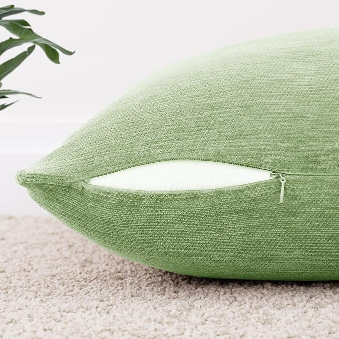 Set of 4 Sage Green Throw Pillow Covers 18x18 Inch, Neutral Boho Farmhouse Aesthetic Decorative Pillow Cases for Couch, Sofa, Living Room & Bed, Chenille Pillow Cases, Stylish Home Decor, 45x45 cm