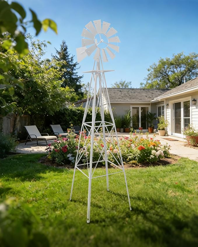 8FT Windmill for Yard Garden Decoration with Weather Vanes，Heavy Duty Outdoor Wind Mills, Large Metal Outdoor Windmill,Weather Resistant,White