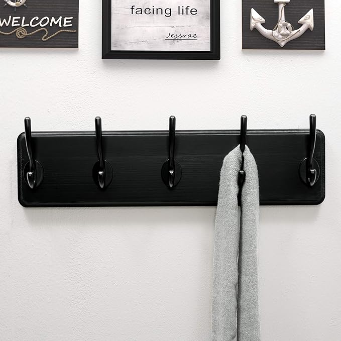 Dseap Coat Rack Wall Mount: Modern, Patented, Heavy-Duty, 17.4" Long 5-Double-Hooks Wooden Hanger Hook Rail for Winter Coats Hat Jacket Clothing, Black