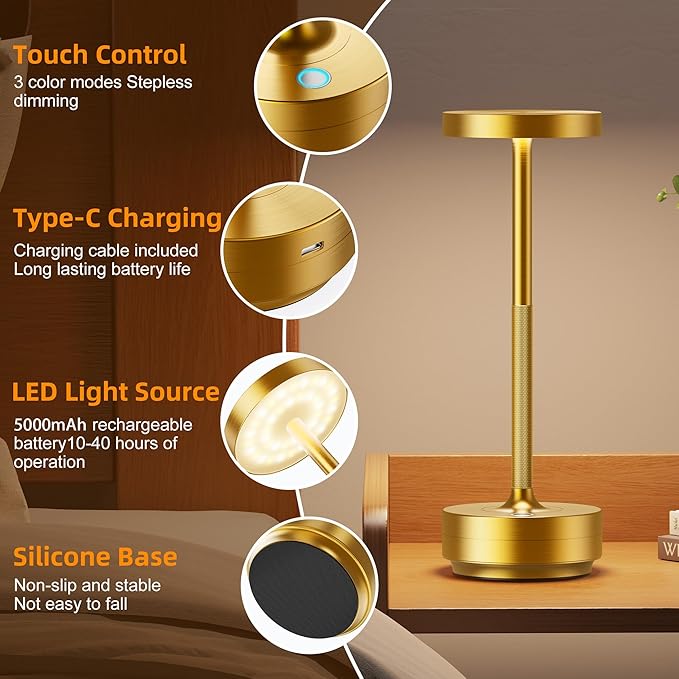 2 Pack Cordless Table Lamp Rechargeable - Waterproof, Touch 3-Color Lighting Portable LED Table Light for Outdoor,Patio,Restaurant.(2 Pack Gold)