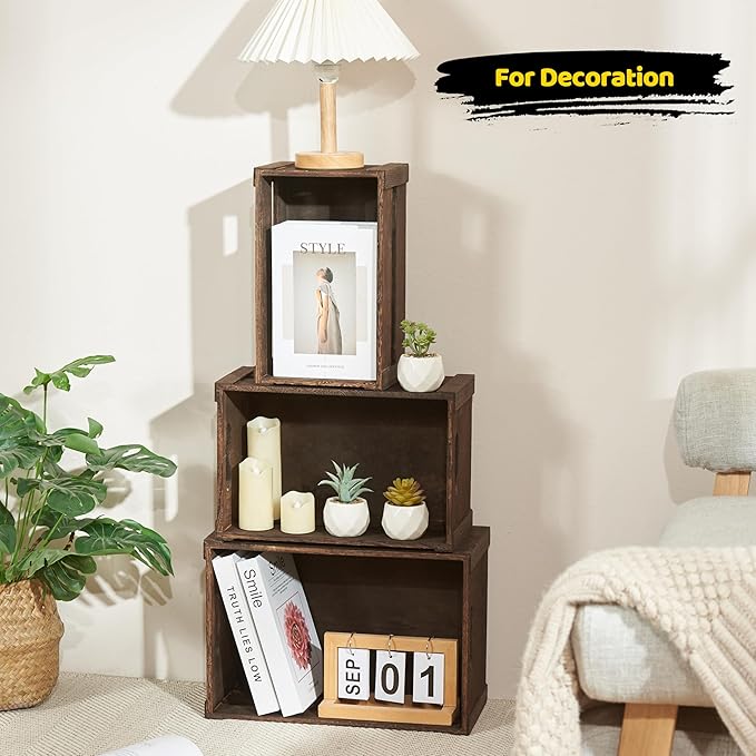 Wooden Crates 3 Pack, Nesting Handmade Wood Crates for Storage, No Installation Wooden Storage Box with Cutout Handle for Display & Decor, Brown